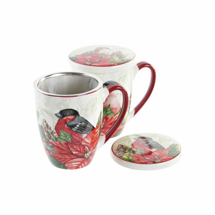 Tasse à infusion DKD Home Decor Oiseau Porcelaine Rouge Vert (380 ml) (2 Unités) 3