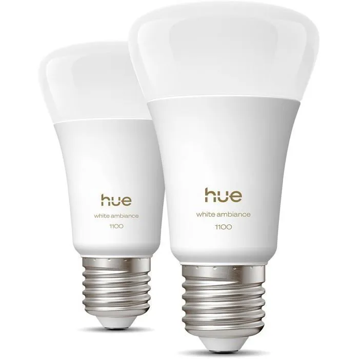 Philips Hue - Pack de 2 ampoules LED connectées A60, culot E27, 8.1W, lumière blanche chaude réglable 1000-2000K, 1100 lumens Philips Hue - Pack de 2 ampoules LED connectées A60, culot E27, 8.1W, lumière blanche chaude réglable 1000-2000K, 1100 lumens