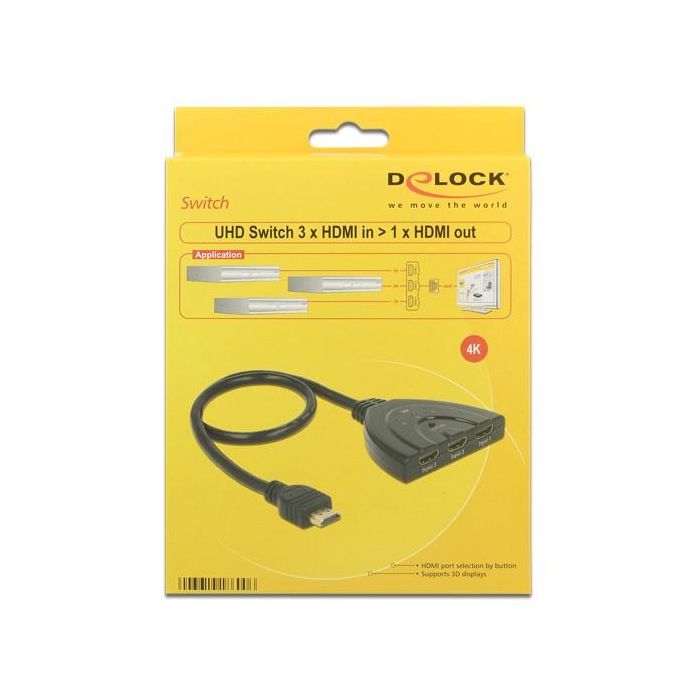DeLOCK 18600 - Commutateur HDMI UHD 3 entrées 1 sortie 4K 18 Gbit/s avec Câble Intégré 50 cm - Noir
