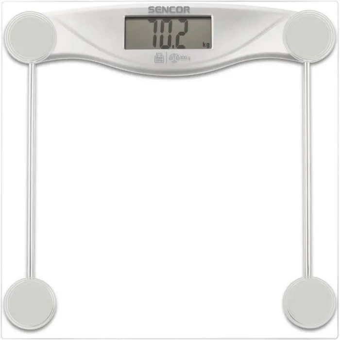 Sencor Pese Personne SBS 113SL - Balance de salle de bain avec surface en verre trempé 6 mm, capacité 150 kg, écran LCD large, mise en marche automatique
