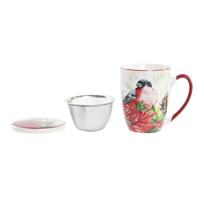 Tasse à infusion DKD Home Decor Oiseau Porcelaine Rouge Vert (380 ml) (2 Unités) 2