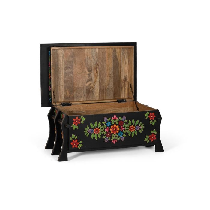 Giner Y Colomer Pinta2 - Coffre de rangement en bois de manguier noir avec détails multicolores peints à main - 24x68x43 cm
