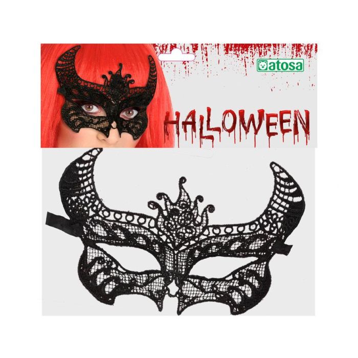 Antifaz masque accessoire déguisement halloween adulte noir cornes de démonia en dentelle pour sorcière, diablesa ou théâtre