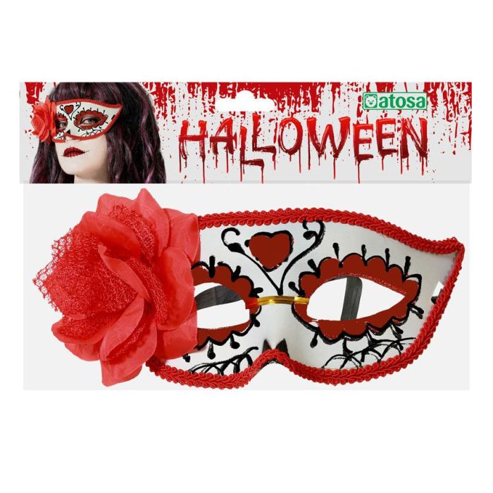 Antifaz blanc à détails rouges et fleur latérale pour déguisement de Catrina - Masque mexicain inspiré du Jour des Morts