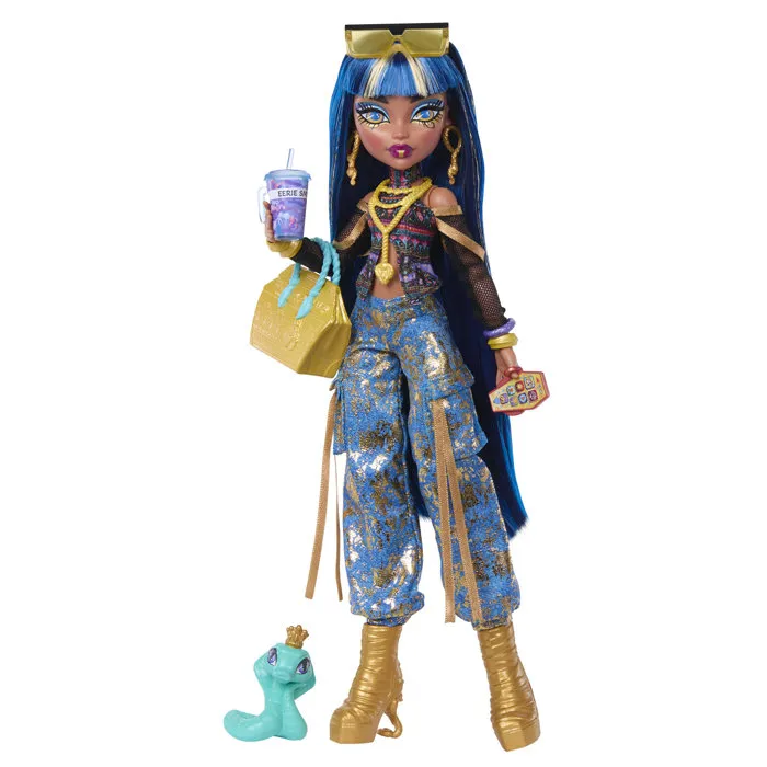 Monster High Poupet Cléo JHK32 - Poupée avec cobra et 7 accessoires, tenue dorée et lapis-lazuli Monster High Poupet Cléo JHK32 - Poupée avec cobra et 7 accessoires, tenue dorée et lapis-lazuli