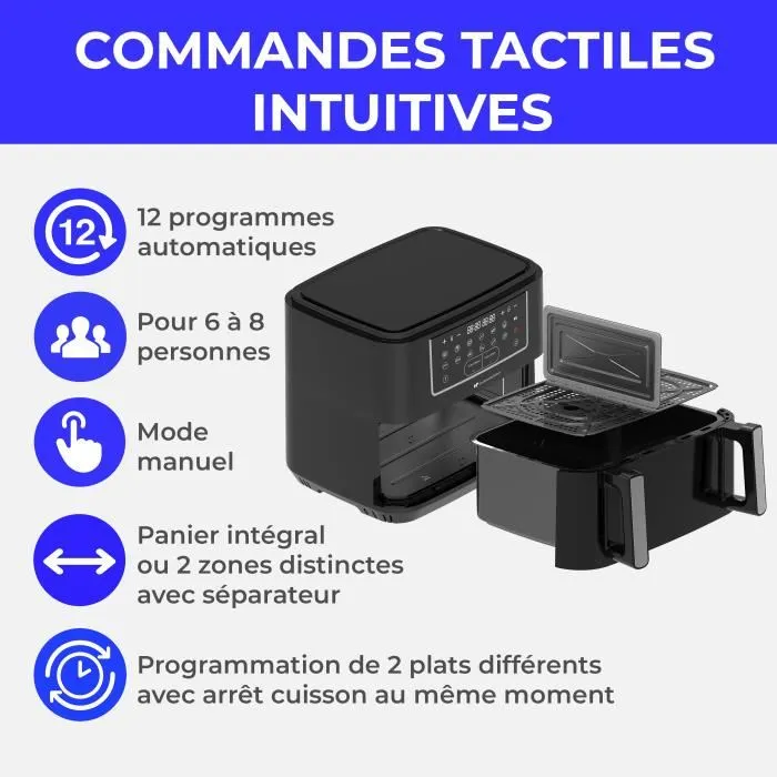 Continental Edison Friteuse à Air CEFR2400TB - Sans Huile - 10.5L - 2600W - 12 Programmes - Noir