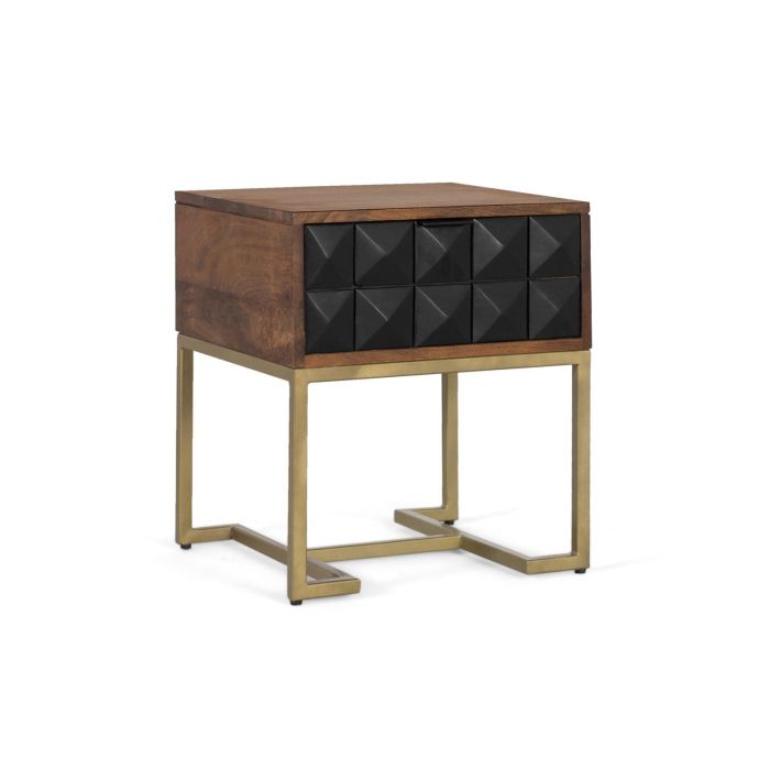 GINER Y COLOMER Table de nuit sculptée et fabriquée à la main en bois de manguier couleur noisette avec tiroir noir et pieds en fer doré design contemporain 1