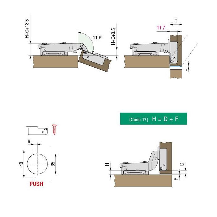 Bisagra Tigra Ø35 Push Slide-On Codo Superacodado Herrajes Alk 1