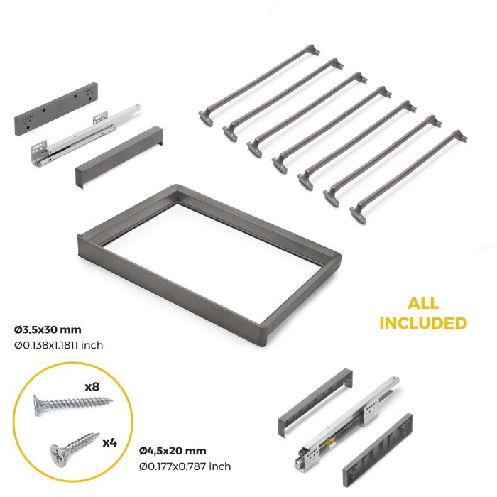 Emuca Kit de porte-pantalon à 7tringles et rack ajustable Quartz pour armoires, glissières extension totale et à fermeture douce, Module 70cm, Finition Titane 5