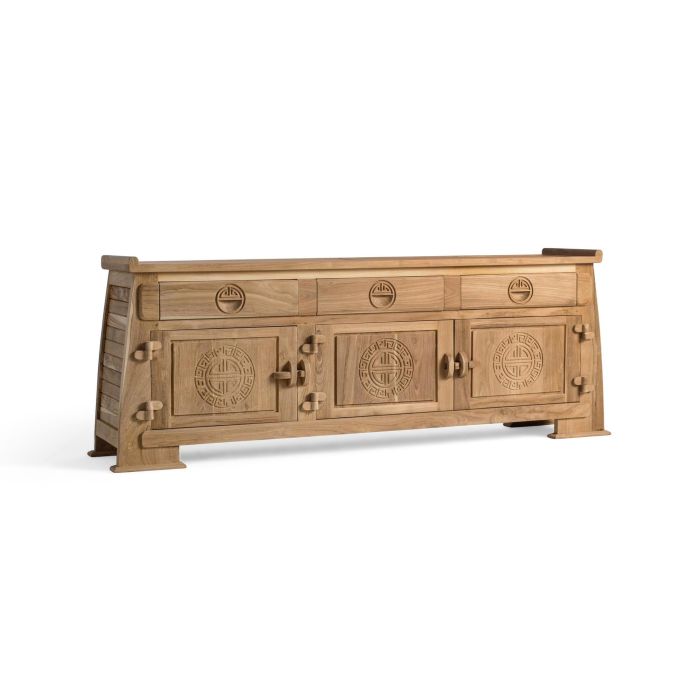 GINER Y COLOMER Meuble TV en bois massif de teca 170 cm, 3 tiroirs et 3 portes avec motifs géométriques, finition naturelle 1 GINER Y COLOMER Meuble TV en bois massif de teca 170 cm, 3 tiroirs et 3 portes avec motifs géométriques, finition naturelle 1
