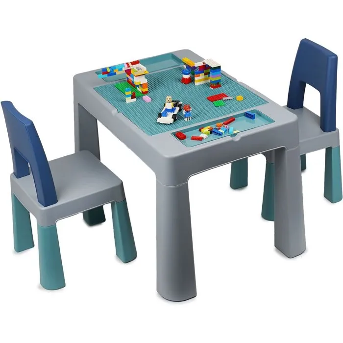 Thermobaby MULTIPLAY - Table d'activités multifonction pour enfants avec 2 chaises - Gris et Bleu