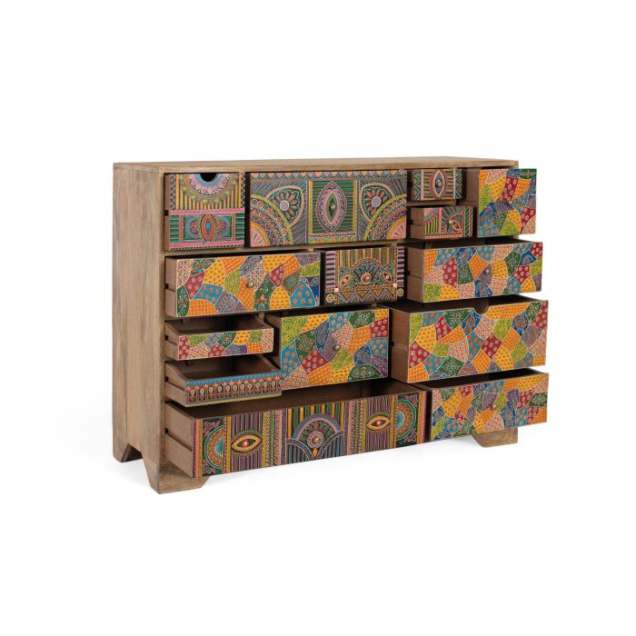 GINER Y COLOMER Commode en bois de manguier avec 14 tiroirs peints à la main, motifs géométriques et floraux, finition naturelle, 120 x 40 x 91 cm 2 GINER Y COLOMER Commode en bois de manguier avec 14 tiroirs peints à la main, motifs géométriques et floraux, finition naturelle, 120 x 40 x 91 cm 2