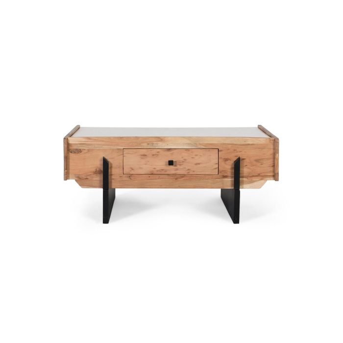 GINER Y COLOMER - Table basse en bois d'acacia massif et marbre blanc avec tiroir traversant et pieds métalliques noirs - Design moderne 2 GINER Y COLOMER - Table basse en bois d'acacia massif et marbre blanc avec tiroir traversant et pieds métalliques noirs - Design moderne 2