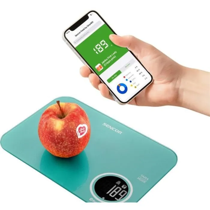 Sencor SKS 7071GR Balance de Cuisine Connectée, Capacité 5 kg, Précision 1 g, Écran LCD Rétroéclairé, avec Application FOOD
