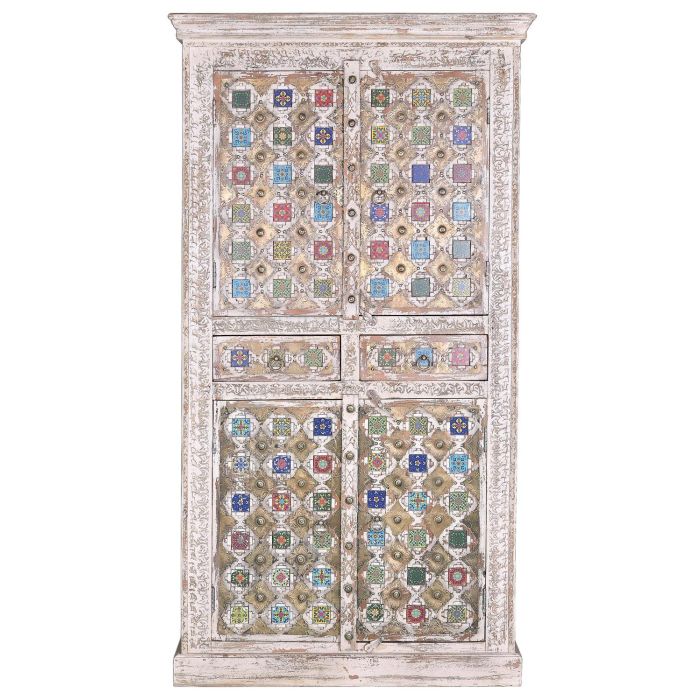 GINER Y COLOMER, Armoire en Bois de Mango avec Incrustations en Céramique et Bronze, Finition Blanc Lavé, 4 Portes, 2 Tiroirs, 185 x 100 x 40 cm 1 GINER Y COLOMER, Armoire en Bois de Mango avec Incrustations en Céramique et Bronze, Finition Blanc Lavé, 4 Portes, 2 Tiroirs, 185 x 100 x 40 cm 1