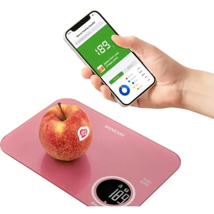 Sencor SKS 7074RD - Balance de cuisine électronique, Précision 1g, Capacité 5kg, Écran LCD, Fonction Tare, Connexion appli FOOD
