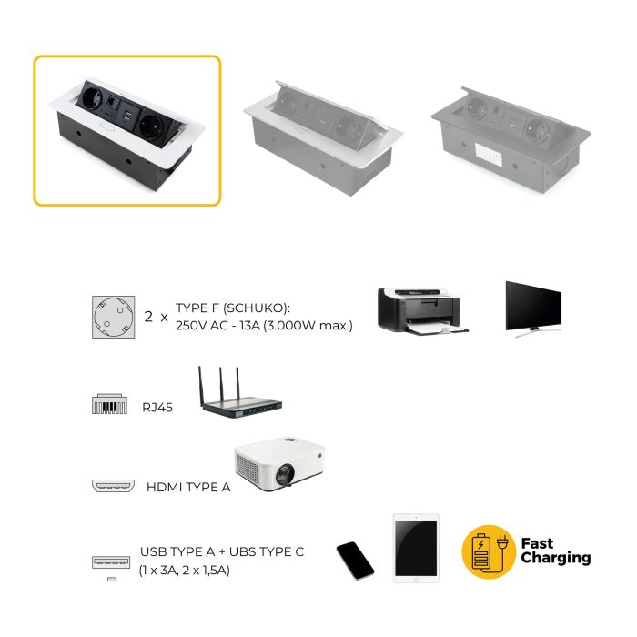 Emuca Multiconnecteur Atom 26 A+C pour bureau, EU, Peint en blanc, Acier et Plastique et Zamak. 9