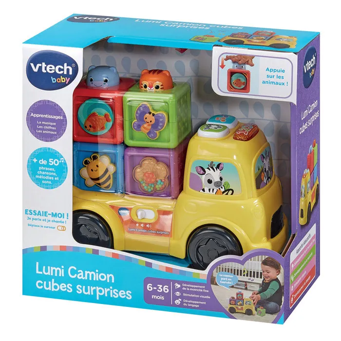 VTech Baby - Lumi Camion Cubes Surprises - Jouet d'éveil avec sons et lumières - 6 à 36 mois - Développe la motricité - Camion à empiler et cubes colorés