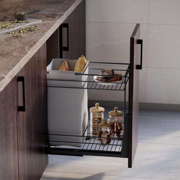 Emuca Chariot coulissant avec paniers et chariot à pain Titane avec fermeture à amortie, module 300mm, Acier, Gris Anthracite 1