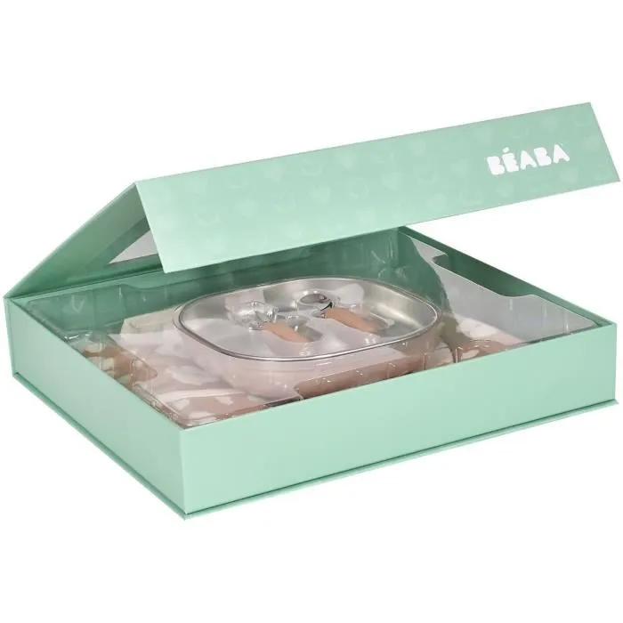 BEABA Savannah Bloom Coffret cadeau 1er repas bébé - Assiette inox, couverts ergonomiques, bavoir à manches et boîte à souvenirs BEABA Savannah Bloom Coffret cadeau 1er repas bébé - Assiette inox, couverts ergonomiques, bavoir à manches et boîte à souvenirs
