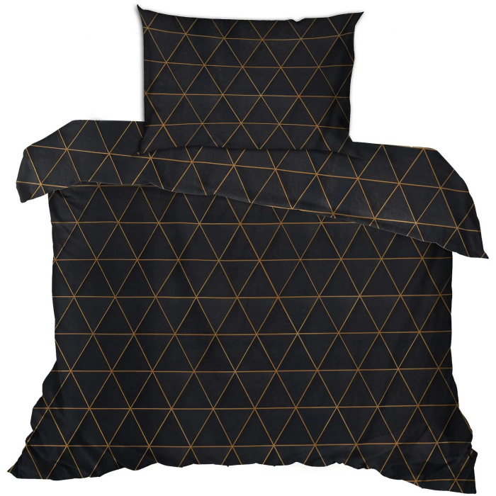 Parure de lit 1 personne - Housse de couette 140 x 200 cm + Taies d'oreiller 60 x 60 cm - Imprimé graphique noir et or - 100% coton renforcé