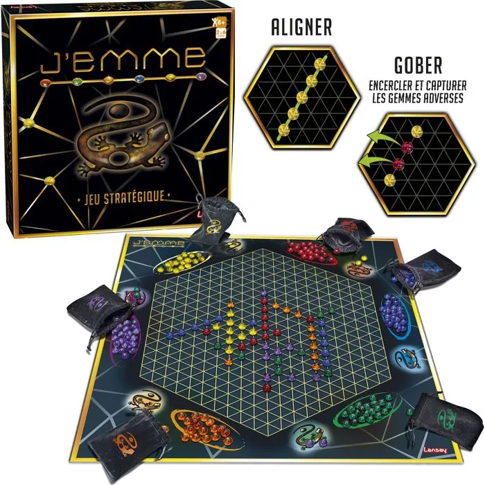 Lansay - Jeu de société stratégique familial J'EMME, à partir de 8 ans, 2 à 6 joueurs, 20 min de jeu, alignement et protection de gemmes