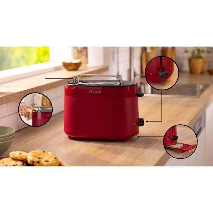 Bosch TAT2M124 MyMoment Toaster 2 tranches, Centrage automatique, Définition Rouge, Fonctions Décongélation et Réchauffage
