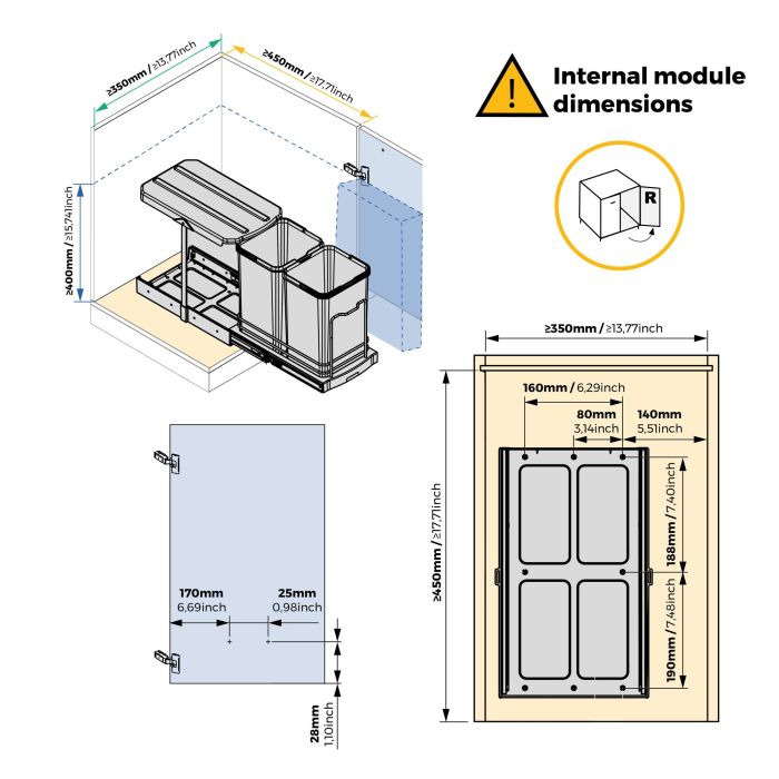 Emuca poubelle de recyclage pour montage inférieur et extraction manuelle/automatique pour meuble de cuisine Recycle 2x12litres, Plastique gris anthracite 13