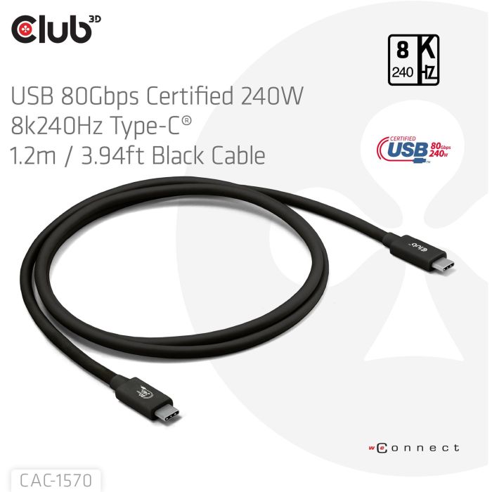 Club3D Kabel USB-C 80Gbps zertifi. PD240W/8K240Hz 1.2m St/St 1
