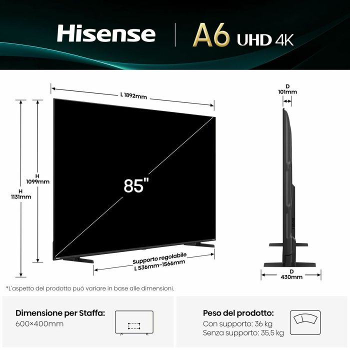 TV intelligente Hisense 85A6Q 85" 4K Ultra HD LED HDR D-LED 14