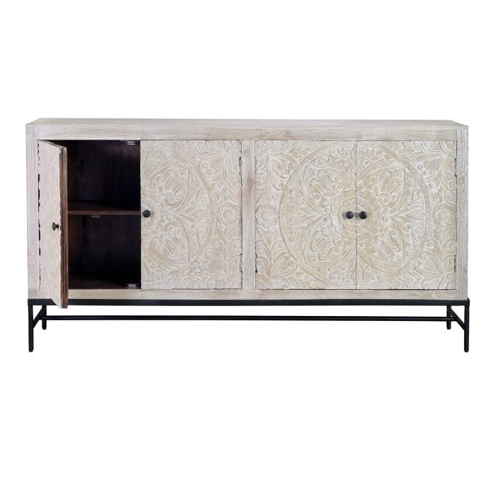 Giner y Colomer Buffet 4 portes en bois de manguier blanc vieilli avec intérieur à étagères, détails sculptés main - 158x38x85 cm environ 2 Giner y Colomer Buffet 4 portes en bois de manguier blanc vieilli avec intérieur à étagères, détails sculptés main - 158x38x85 cm environ 2