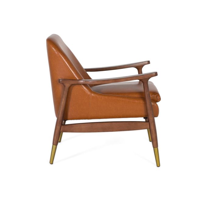 GINER Y COLOMER Fauteuil moderne en bois et cuir synthétique brun avec détails Dora2 - Accoudoirs courbes, pieds coniques dorés 2