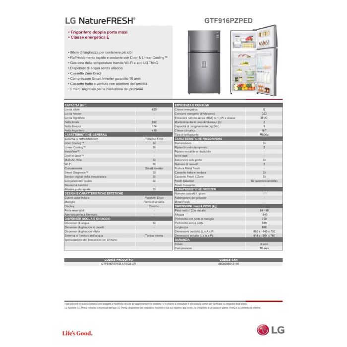 Réfrigérateur Combiné LG GTF916PZPED.APZQEUR Acier 630 L 20