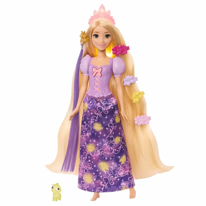 Disney Princesses Raiponce JHL46 - Poupée aux cheveux magiques lumineux avec diadème, Pascal et 7 accessoires