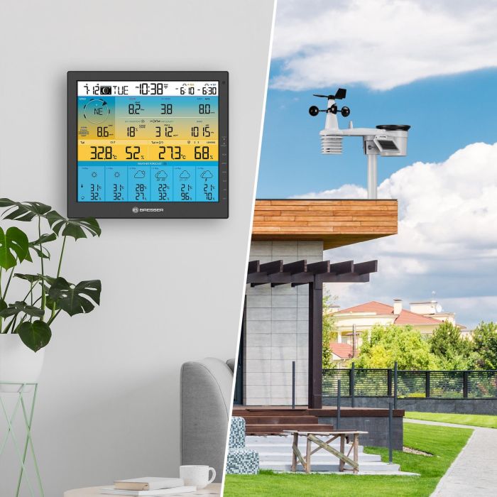 Bresser 7003220 Station météo intelligente 7-en-1 solaire avec WiFi - Écran couleur LCD 10" (25.4 cm), prévisions, capteur extérieur - Noir