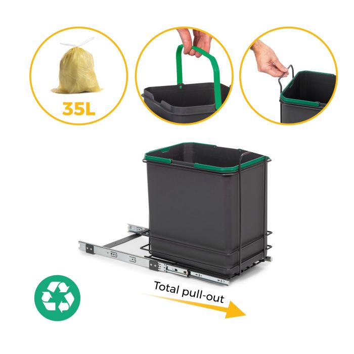 Emuca poubelle de recyclage pour montage inférieur et extraction manuelle pour meuble de cuisine Recycle 1x35 litres, Plastique gris anthracite 6
