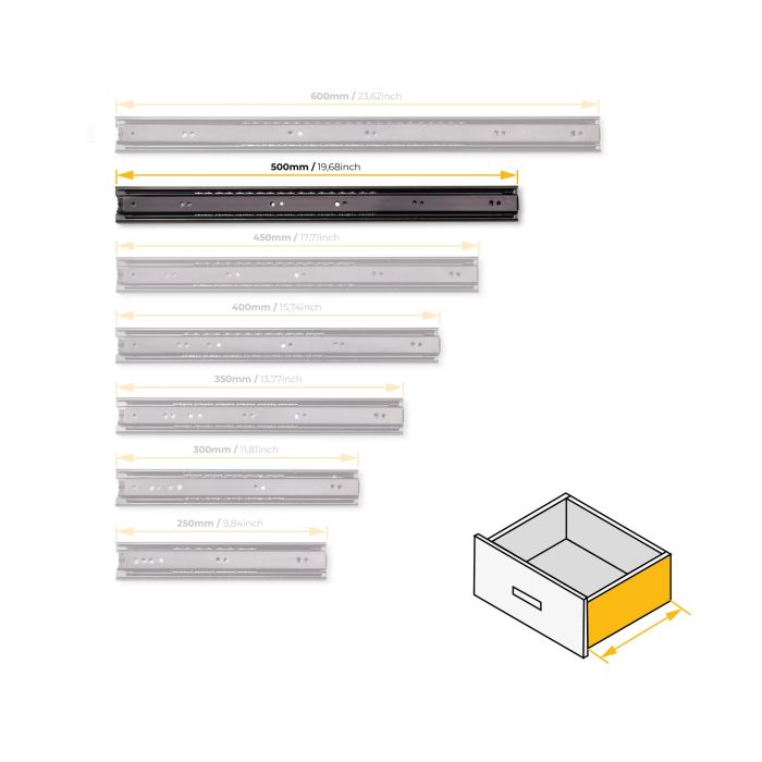 Emuca Lot de 5 jeux de Coulisses pour tiroirs, roulement à billes, hauteur 45mm, profondeur 500mm, sortie totale, Noir 7 Emuca Lot de 5 jeux de Coulisses pour tiroirs, roulement à billes, hauteur 45mm, profondeur 500mm, sortie totale, Noir 7