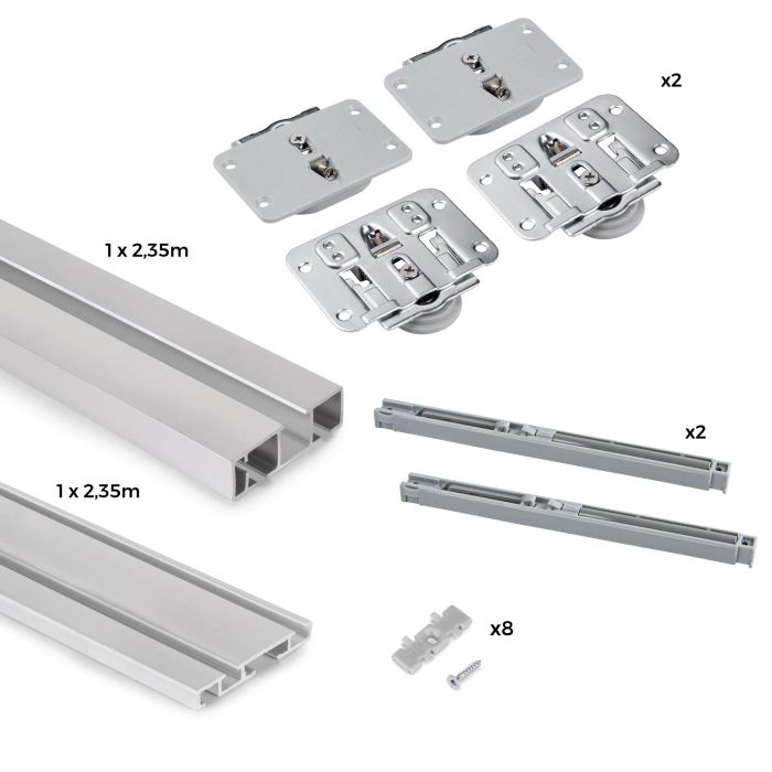 Emuca Kit de 2 portes coulissantes et Flow de ferrures pour armoires à fermeture souple avec rails de surface 2,35m, panneaux non inclus, anodisé mat 5 Emuca Kit de 2 portes coulissantes et Flow de ferrures pour armoires à fermeture souple avec rails de surface 2,35m, panneaux non inclus, anodisé mat 5