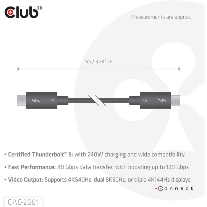 Club3D Kabel Thunderbolt5 zertifi. 8K240Hz/ 80/120Gbps 1m 3