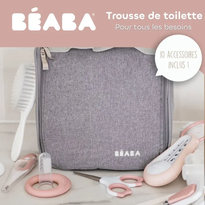 Beaba - Trousse de toilette bébé avec 10 accessoires (thermomètre, ciseaux, peigne, anneau de dentition, mouche-bébé) - Organisation à élastiques et poche zippée - Vieux rose