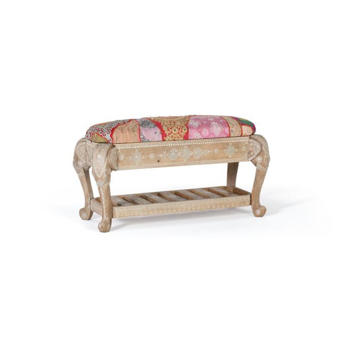 GINER Y COLOMER Banc en bois de manguier avec tissu patchwork multicolore - Style ancien blanc - Dimensions 45x90x38 cm 1 GINER Y COLOMER Banc en bois de manguier avec tissu patchwork multicolore - Style ancien blanc - Dimensions 45x90x38 cm 1