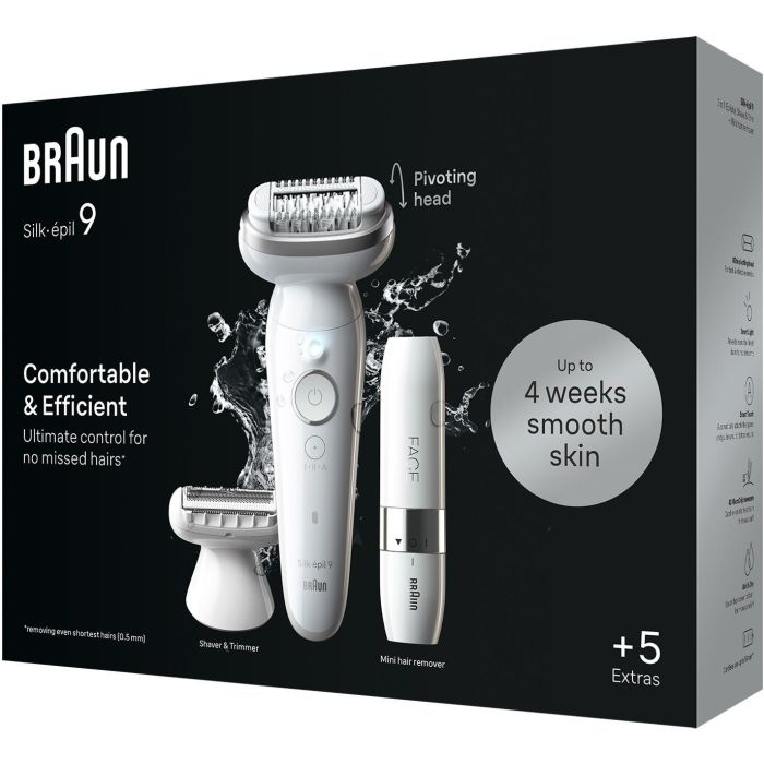 Braun Silk-épil 9 9-341 Epilateur Rasoir Tondeuse Visage Humide et Sec Blanc avec 40 Pinces MicroGrip et Batterie Rechargeable