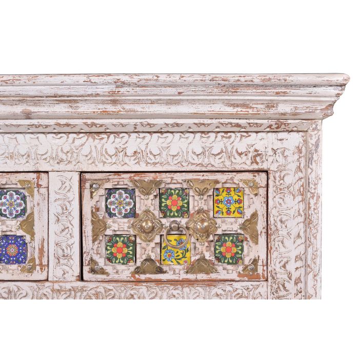 GINER Y COLOMER Commode 4 tiroirs en bois de manguier avec détails en céramique et bronze - Couleur blanc vieilli - 90 x 90 x 40 cm 2 GINER Y COLOMER Commode 4 tiroirs en bois de manguier avec détails en céramique et bronze - Couleur blanc vieilli - 90 x 90 x 40 cm 2