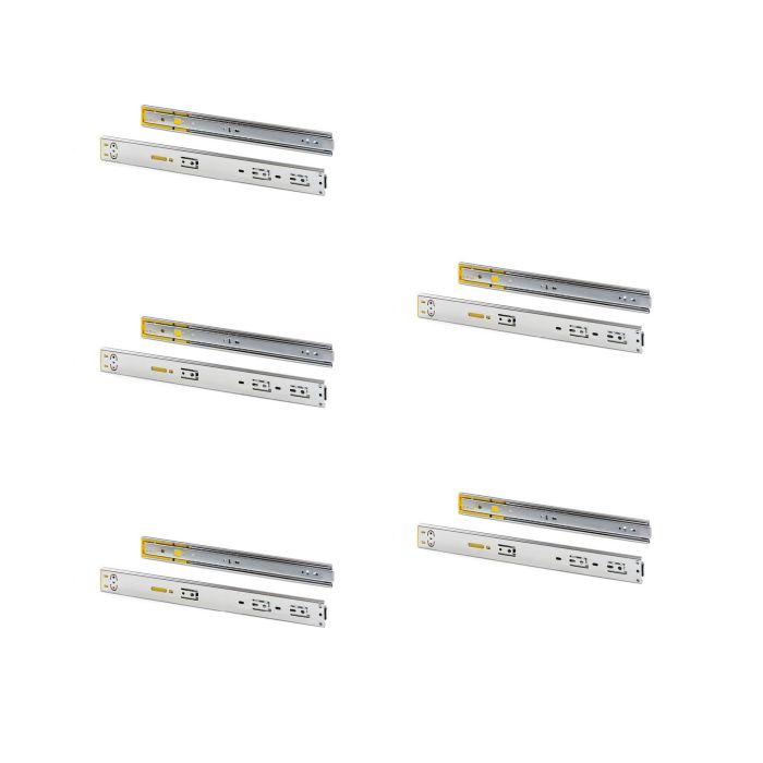 Emuca Lot de 5 jeux de coulisses pour tiroirs, roulement à billes, hauteur 45mm, profondeur 550mm, à sortie totale, avec push, fermeture amortie, zingué 0 Emuca Lot de 5 jeux de coulisses pour tiroirs, roulement à billes, hauteur 45mm, profondeur 550mm, à sortie totale, avec push, fermeture amortie, zingué 0