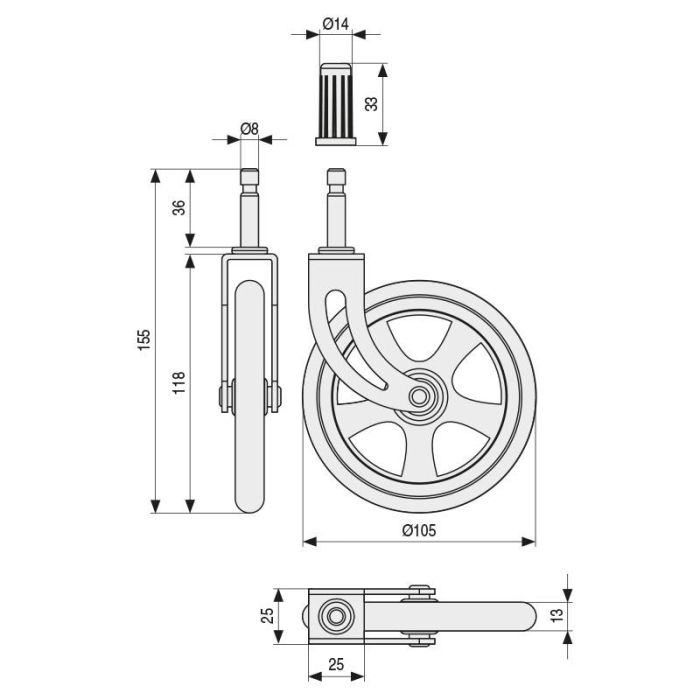 Rueda Giratoria Camarena Aro De Goma D105 Ec Latonada Max.10Kg. Con Fijacion Espiga. H123. Q&Q 1 Rueda Giratoria Camarena Aro De Goma D105 Ec Latonada Max.10Kg. Con Fijacion Espiga. H123. Q&Q 1