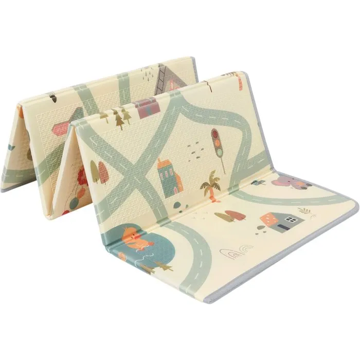 Tineo Tapis d'éveil réversible 150 x 180 cm - Face animaux / Face circuit de voiture - Tapis bébé confortable et imperméable avec sac de rangement