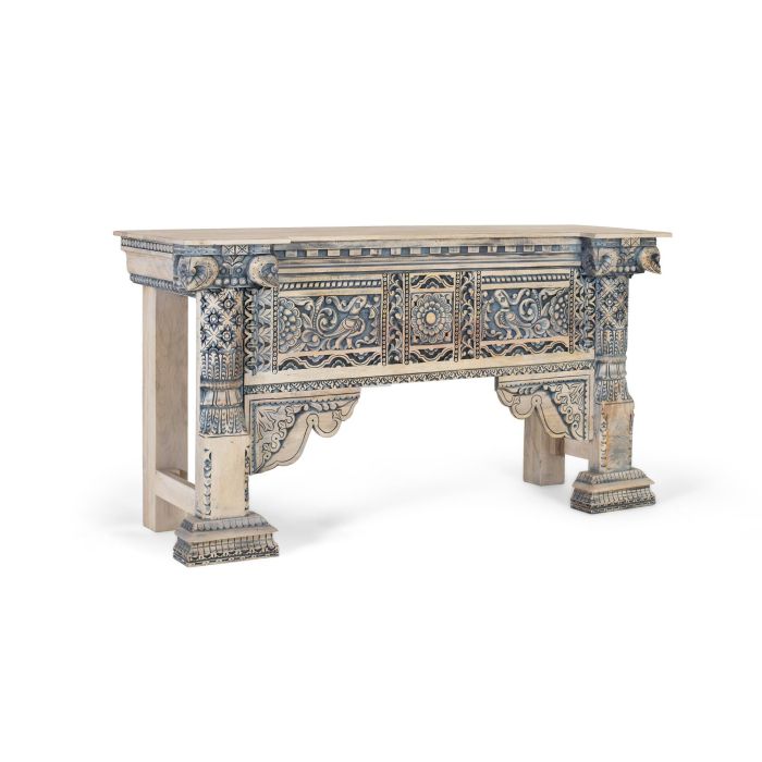 GINER Y COLOMER Console d'entrée en bois de manguier avec colonnes et panneau frontal sculptés à la main, finition blanc lavé et bleu 1