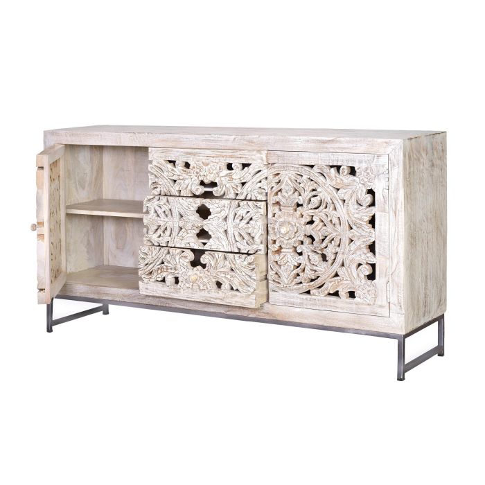 GINER Y COLOMER Buffet 2 portes et 3 tiroirs en bois de manguier et métal, finition blanc vieilli - Dimensions 80x150x38 cm 2