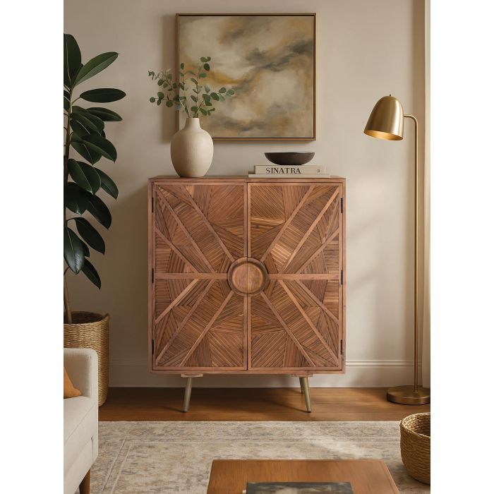 GINER Y COLOMER Buffet haut en bois de manguier massif avec portes sculptées géométriques, structure avellana sur pieds métalliques coniques, hauteur totale 150 cm, 2 portes 5