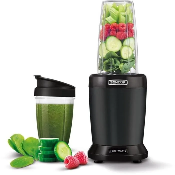 Sencor SNB 4303BK Blender Smoothie Extra Puissance 1200 W avec Accessoires, Bol 1 L et 0.8 L, 6 Lames Titane Inox pour Soupes, Cocktails, Aliments Bébé Sencor SNB 4303BK Blender Smoothie Extra Puissance 1200 W avec Accessoires, Bol 1 L et 0.8 L, 6 Lames Titane Inox pour Soupes, Cocktails, Aliments Bébé